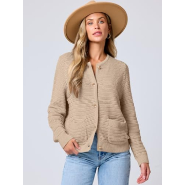 ANRABESS Women's Tweed Knit Cardigan Sweater Casual Long Sleeve Cropped Button Down Lady Jackets 2025 Spring Fashion Outwear Khaki X-Large