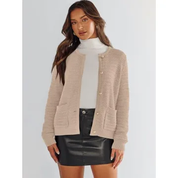 ANRABESS Women's Tweed Knit Cardigan Sweater Casual Long Sleeve Cropped Button Down Lady Jackets 2025 Spring Fashion Outwear Khaki X-Large