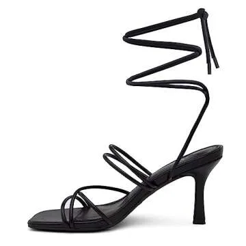 Shoe Land SL-Lumi Women's Lace Up Heels Square Open Toe Strappy Straps Ankle Wrap Stiletto High Heel Sandals, Black, Size 10.0