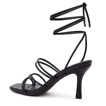 Shoe Land SL-Lumi Women's Lace Up Heels Square Open Toe Strappy Straps Ankle Wrap Stiletto High Heel Sandals, Black, Size 10.0