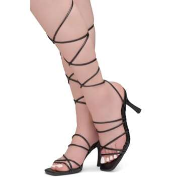 Shoe Land SL-Lumi Women's Lace Up Heels Square Open Toe Strappy Straps Ankle Wrap Stiletto High Heel Sandals, Black, Size 10.0