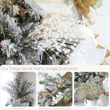 Sea Team 24-Pack Artificial Glitter Berry Stem Ornaments, Decorative Bead Sticks, Glittery Twigs, Picks, Branches for Christmas Tree, Small Vase, Holiday, Wedding, Party (17 Inches, White)