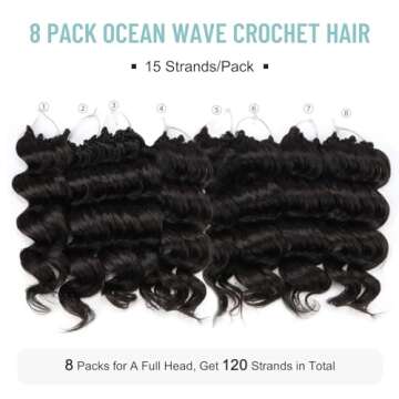 ToyoTree Ocean Wave Crochet Hair - 9 Inch 8 Packs Natural Black Short Curly Deep Wave Crochet Hair, Synthetic Ocean Wave Braiding Hair Extensions (9 Inch,1B-8P)