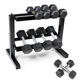 WF Athletic Supply 5-25Lbs Rubber Hex Dumbbell Set with Rack