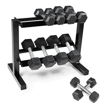 WF Athletic Supply 5-25Lbs Rubber Hex Dumbbell Set with Rack