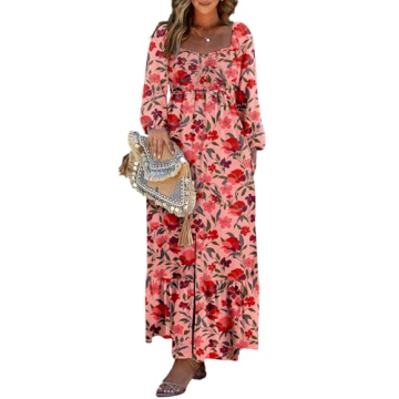 Dokotoo Womens Dresses 2025 Spring Summer Boho Floral Square Neck Smocked Long Sleeve Button Down Be...