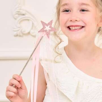 Lovelyshop Pink Crystal Metal Star Fairy Wand with Ribbon for Girls Halloween Decorations
