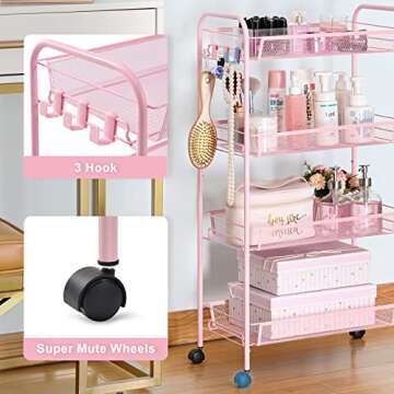 TOOLF 4-Tier Rolling Cart, Metal Utility Cart with 3 Hooks, Easy Assemble Mobile Storage Trolley On Wheels, Metal Shelving Units Kitchen Bathroom Laundry Room