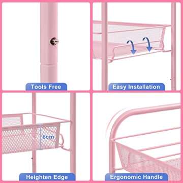 TOOLF 4-Tier Rolling Cart, Metal Utility Cart with 3 Hooks, Easy Assemble Mobile Storage Trolley On Wheels, Metal Shelving Units Kitchen Bathroom Laundry Room