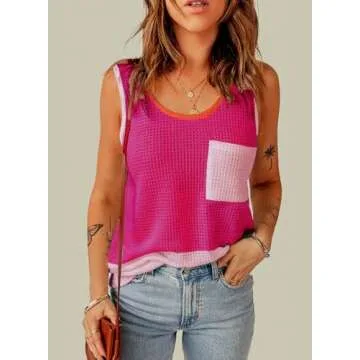 Dokotoo Waffle Knit Sleeveless Tank Tops for Women 2025 Summer Fashion Casual Scoop Neck Color Block Loose Fit Tee Shirts with Pockets Comfy Patchwork Womens Basic Vest Resort Wear Rose Red Small