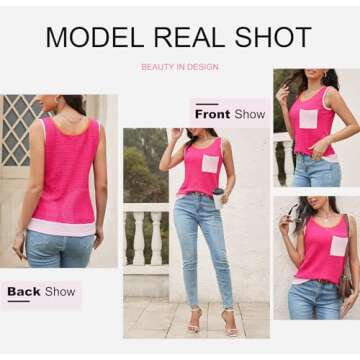 Dokotoo Waffle Knit Sleeveless Tank Tops for Women 2025 Summer Fashion Casual Scoop Neck Color Block Loose Fit Tee Shirts with Pockets Comfy Patchwork Womens Basic Vest Resort Wear Rose Red Small