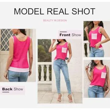 Dokotoo Waffle Knit Sleeveless Tank Tops for Women 2025 Summer Fashion Casual Scoop Neck Color Block Loose Fit Tee Shirts with Pockets Comfy Patchwork Womens Basic Vest Resort Wear Rose Red Small