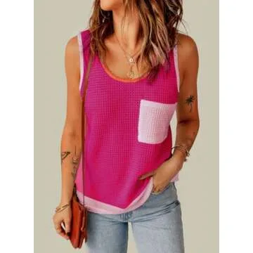 Dokotoo Waffle Knit Sleeveless Tank Tops for Women 2025 Summer Fashion Casual Scoop Neck Color Block Loose Fit Tee Shirts with Pockets Comfy Patchwork Womens Basic Vest Resort Wear Rose Red Small