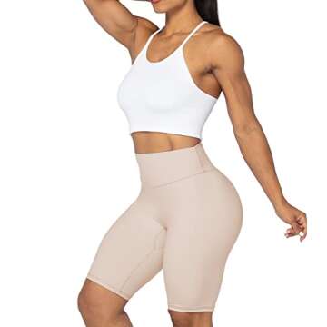 Sunzel 10" Waist Biker Shorts for Women No Front Seam Soft Yoga Workout Gym Bike Shorts Tummy Control Squat Proof Beige