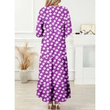 Dokotoo V Neck Summer Dresses for Women 2024 Puff Sleeve Dress Ruffle A-Line Long Dresses Casual Flowy Maxi Dress Boho Beach Dress for Women Evening Party Large Purple