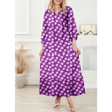 Dokotoo V Neck Summer Dresses for Women 2024 Puff Sleeve Dress Ruffle A-Line Long Dresses Casual Flowy Maxi Dress Boho Beach Dress for Women Evening Party Large Purple