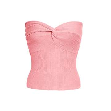 ISZPLUSH Women's Sexy Strapless Sweetheart Neck Slim Fit Crop Top - Ribbed Knit, Twisted Knot, Sleeveless, Small, Pink