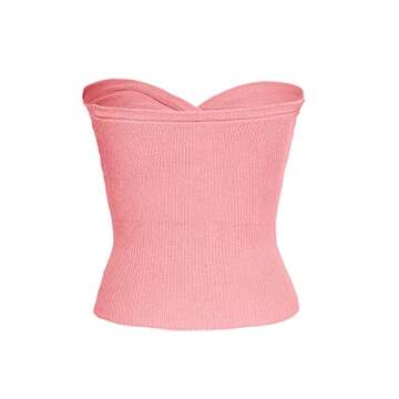 ISZPLUSH Women's Sexy Strapless Sweetheart Neck Slim Fit Crop Top - Ribbed Knit, Twisted Knot, Sleeveless, Small, Pink