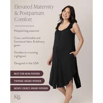 Kindred Bravely Stylish Maternity Labor and Delivery Gown - 3 in 1 Nursing Gown (Black, XL)