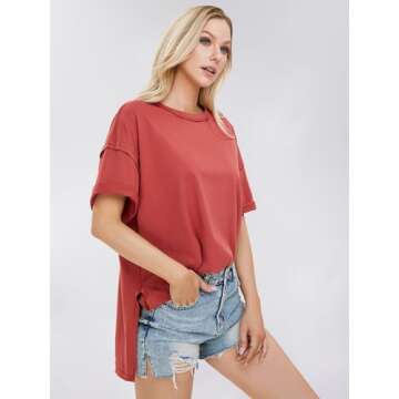 EXLURA Womens Summer Oversized T Shirts 2024 Casual Short Sleeve Loose Maternity Tops Crewneck Tunic Plus Gym Workout Top Brick Red