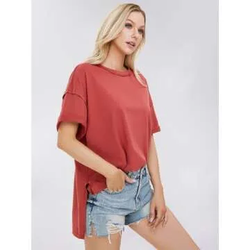 EXLURA Womens Summer Oversized T Shirts 2024 Casual Short Sleeve Loose Maternity Tops Crewneck Tunic Plus Gym Workout Top Brick Red