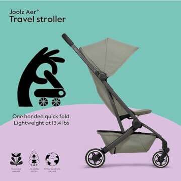 Joolz AER+ Lightweight Baby Stroller, Ultra Compact & Portable One-Hand Fold Design - Ergonomic Recline Seat - Infant & Toddler (up to 50 lb) - Airplane Friendly Stroller - XXL Sun Hood -Sage Green