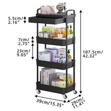 Calmootey 4-Tier Rolling Utility Cart with Drawer,Multifunctional Storage Organizer with Plastic Shelf & Metal Wheel,Storage Cart for Kitchen,Bathroom,Living Room,Office,Black