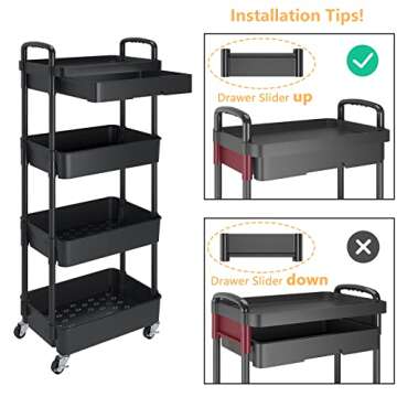 Calmootey 4-Tier Rolling Utility Cart with Drawer,Multifunctional Storage Organizer with Plastic Shelf & Metal Wheel,Storage Cart for Kitchen,Bathroom,Living Room,Office,Black
