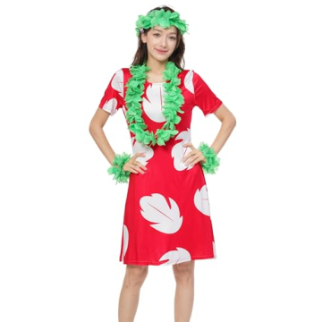 EchoElce Women's Dress Costume Hawaiian Red Dress with Hawaiian Leaf Flower Leis Accessories Flower ...