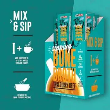 LonoLife Thai Curry Beef Bone Broth Powder Mix | Grass-Fed, 10g Protein | Collagen-Rich, Keto & Paleo Friendly | Natural Ingredients | 10 Portable Stick Pack Servings