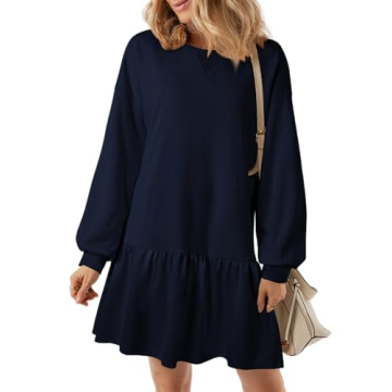 BLENCOT Mini Dress for Women 2025 Fall Winter Cute Patchwork Long Sleeve Ruffled Crewneck Sweatshirt...