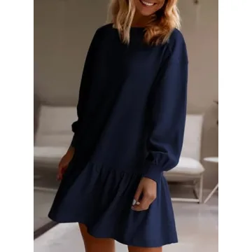 BLENCOT Mini Dress for Women 2025 Fall Winter Cute Patchwork Long Sleeve Ruffled Crewneck Sweatshirt Dresses Casual Sport Pullover Tops Navy Blue Small