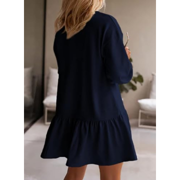 BLENCOT Mini Dress for Women 2025 Fall Winter Cute Patchwork Long Sleeve Ruffled Crewneck Sweatshirt Dresses Casual Sport Pullover Tops Navy Blue Small