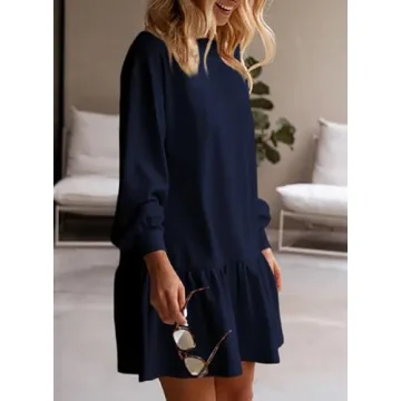 BLENCOT Mini Dress for Women 2025 Fall Winter Cute Patchwork Long Sleeve Ruffled Crewneck Sweatshirt Dresses Casual Sport Pullover Tops Navy Blue Small