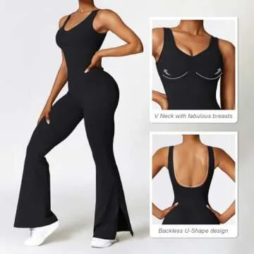 OEAK Womens Flare Jumpsuits Tummy Control Backless Unitard Full One Piece Workout Yoga V Neck Sleeveless Bodysuit Playsuit Black S