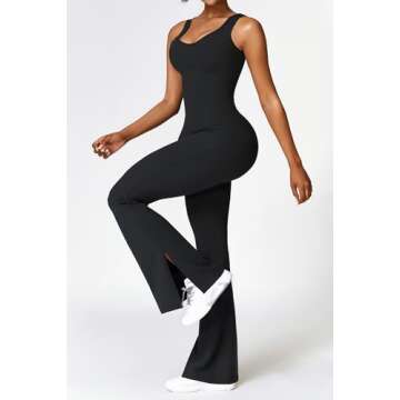 OEAK Womens Flare Jumpsuits Tummy Control Backless Unitard Full One Piece Workout Yoga V Neck Sleeveless Bodysuit Playsuit Black S