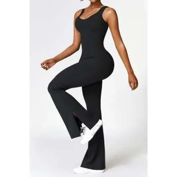OEAK Womens Flare Jumpsuits Tummy Control Backless Unitard Full One Piece Workout Yoga V Neck Sleeveless Bodysuit Playsuit Black S