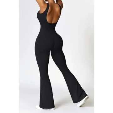 OEAK Womens Flare Jumpsuits Tummy Control Backless Unitard Full One Piece Workout Yoga V Neck Sleeveless Bodysuit Playsuit Black S