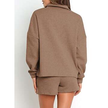 Aleumdr Women's 2 Piece Outfits Zipper Waffle Knit Lounge Sets 2025 Fashion Long Sleeve Shorts Matching Sets with Pockets