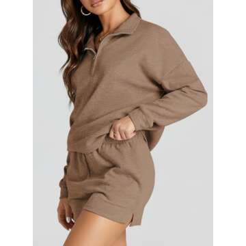 Aleumdr Women's 2 Piece Outfits Zipper Waffle Knit Lounge Sets 2025 Fashion Long Sleeve Shorts Matching Sets with Pockets