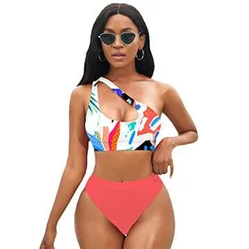Stylish NAFLEAP One Shoulder Cutout Bikini Set with High Waisted Bottom