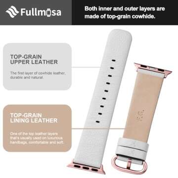 Fullmosa Leather Bands Compatible with Apple Watch 41mm 40mm 38mm 42mm 44mm 45mm 46mm 49mm Women Band Strap for iWatch Ultra 2/Ultra/10/9/8/7/6/5/4/3/2/1/SE2/SE, 42mm 41mm 40mm 38mm Off-white