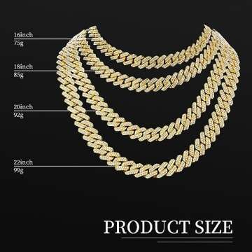 Batiyeer 3 Pcs Cuban Link Chain Necklace Bracelet Rhinestone Hoop Earrings Bling Crystal Hip Hop Jew...