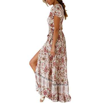 SEBOWEL Women Floral Bohemian Short Sleeve Wrap V Neck Belted Kimono Split Beach Party Maxi Long Dresses Apricot