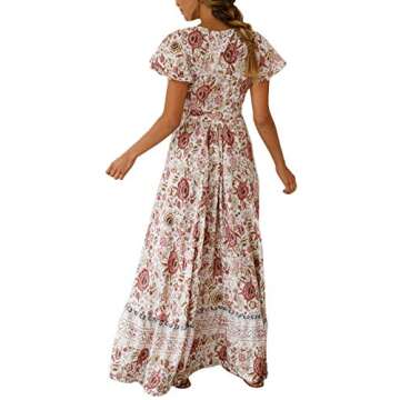 SEBOWEL Women Floral Bohemian Short Sleeve Wrap V Neck Belted Kimono Split Beach Party Maxi Long Dresses Apricot