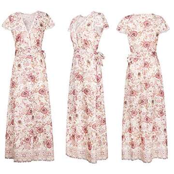 SEBOWEL Women Floral Bohemian Short Sleeve Wrap V Neck Belted Kimono Split Beach Party Maxi Long Dresses Apricot