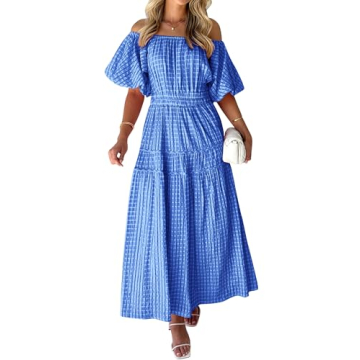 MASCOMODA Summer Dresses for Women 2024 Maxi Off The Shoulder Short Puff Sleeve Smocked A Line Flowy...