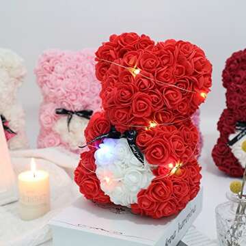 TEBASEF Rose Bear, Rose Teddy Bear, Valentines Day Gifts for her, Perfect for Anniversaries, Bridal Showers, Birthdays, Valentines, Mother's Day - 10 inch Clear Gift Box.Red10In