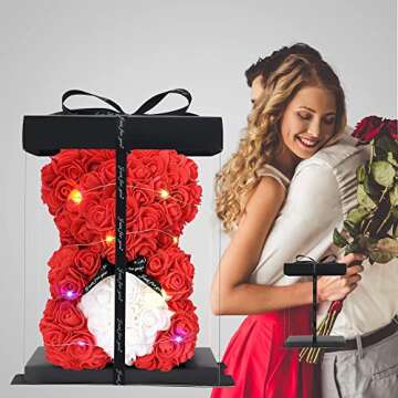 TEBASEF Rose Bear, Rose Teddy Bear, Valentines Day Gifts for her, Perfect for Anniversaries, Bridal Showers, Birthdays, Valentines, Mother's Day - 10 inch Clear Gift Box.Red10In