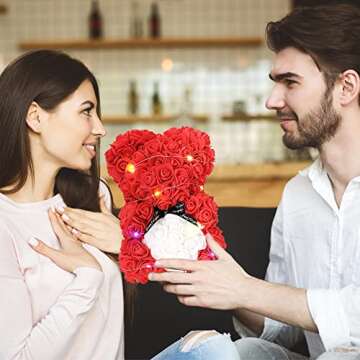 TEBASEF Rose Bear, Rose Teddy Bear, Valentines Day Gifts for her, Perfect for Anniversaries, Bridal Showers, Birthdays, Valentines, Mother's Day - 10 inch Clear Gift Box.Red10In